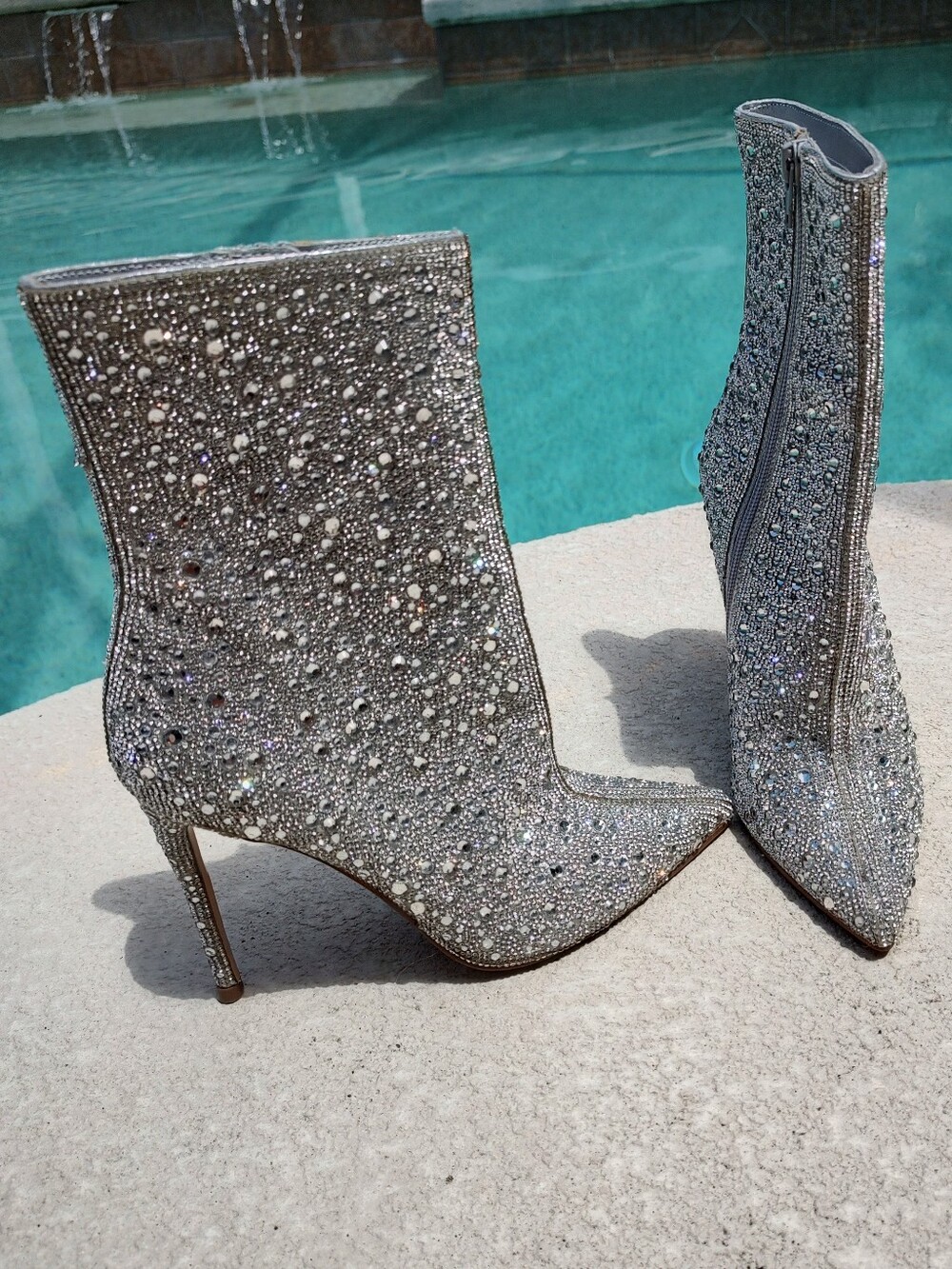 Aqua Bloomingdale's Silver Crystal Embellished Stilletto Ankle Booties Gorgeous